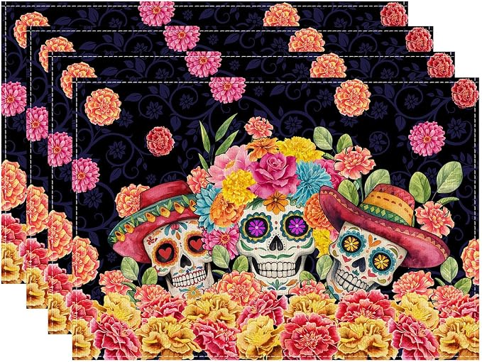 XCHI Day of The Dead Marigolds Placemats Set of 4 Table Decor 12x18 Inch - skull floor mat
