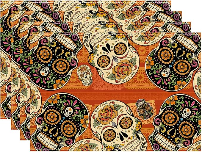 XCHI Day of The Dead Marigolds Placemats Set of 4 Table Decor12x18 Inch - skull floor mat