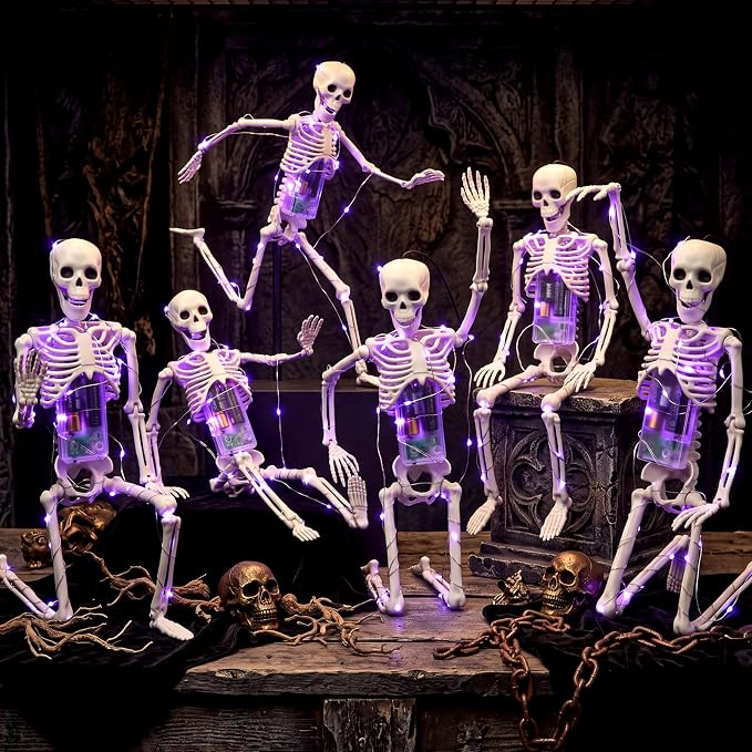 Wenqik 6 Pack Light up Halloween Skeleton 16 Inches Halloween Glowing Skeleton Full Body Posable Movable Joints Spooky Skull with Light String, Hook and Fishing Line for Party Decoration (Purple) - string light