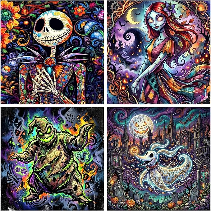 4 Pack Diamond Art Kits for Adults,Halloween Diamond Painting Kits 14x14 In - skull painting