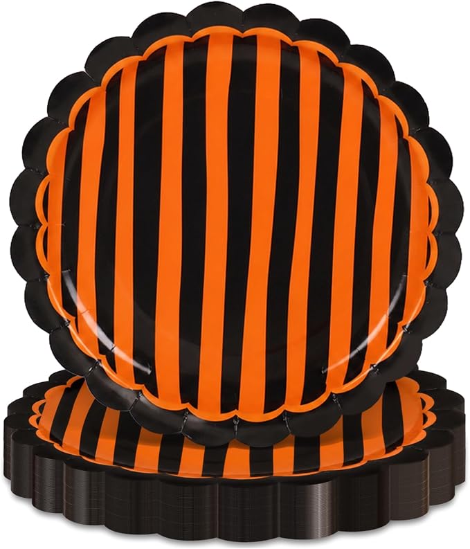 JarThenaAMCS 30Pcs Orange Black Stripe Paper Plates Halloween Scalloped Disposable Plate Striped Dessert Plate for Halloween Birthday Baby Shower Party Table Decor - skull plate