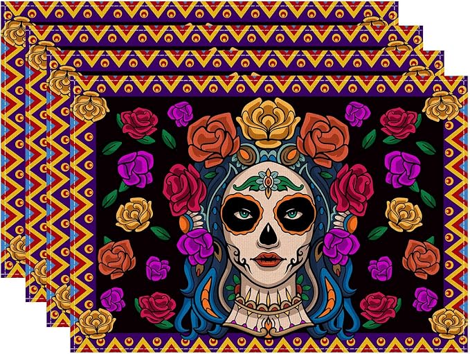 XCHI Day of The Dead Roses Placemats Set of 4 Table Decor 12x18 Inch - skull floor mat