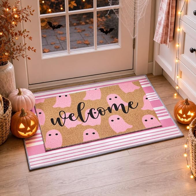 2 Pcs Pink Ghost Halloween Welcome Doormats, 16 x 24 in Welcome Ghost Door Mat and 24 x 32 in Pink White Striped Layering Rug, Cute Fall Porch Decor for Entryway Patio Kitchen Bathroom Floor - skull floor mat