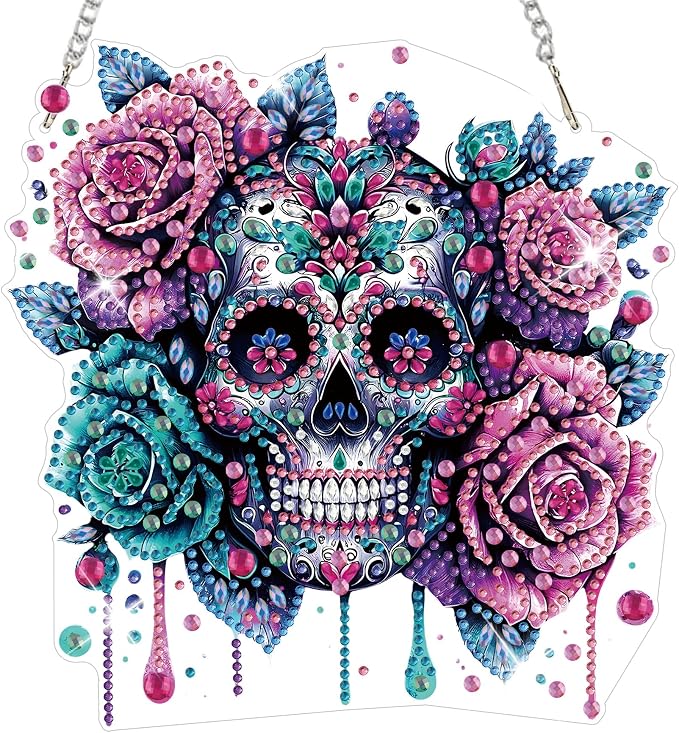 HEIBAGO Halloween Diamond Art Hanging Kits for Adults Kids, Hanging Diamond Art Ghost, 5D Special Shaped Crystal Diamond Painting Kit Pumpkin, DIY Pattern Window Pendant for Home Wall Decor 8.3x8.3In - skull painting