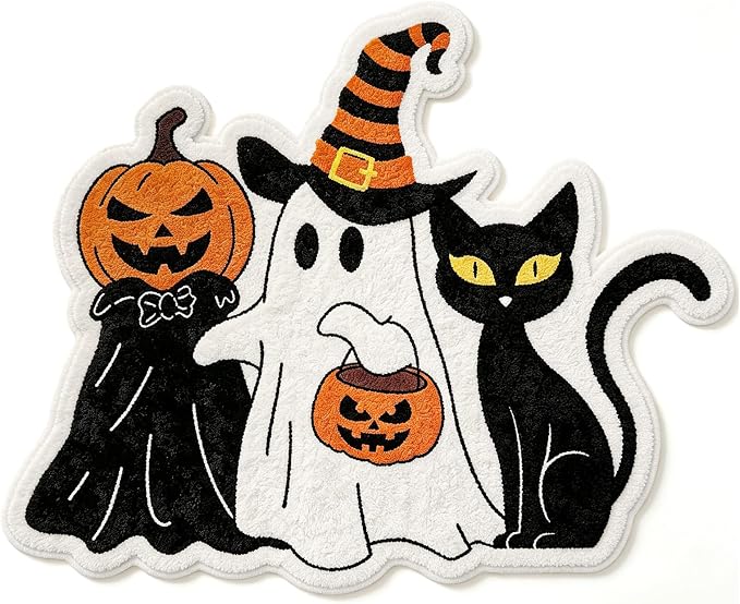 Whaline Halloween Bath Rug Spooky Ghost Black Cat Pumpkin Tufted Bath Mat Non Slip Floor Mat for Bathroom Kitchen Home Decor - skull toilet mat