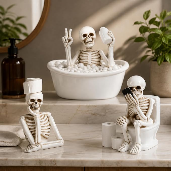 Leinuosen 3 Pcs Halloween Skeleton Figurines Decor Bathroom Skull Ornament