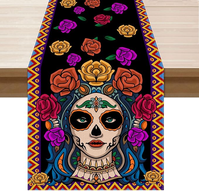 XCHI Day of The Dead Sugar Skull Table Runner for Table Decor 13x72 Inch - skull plate