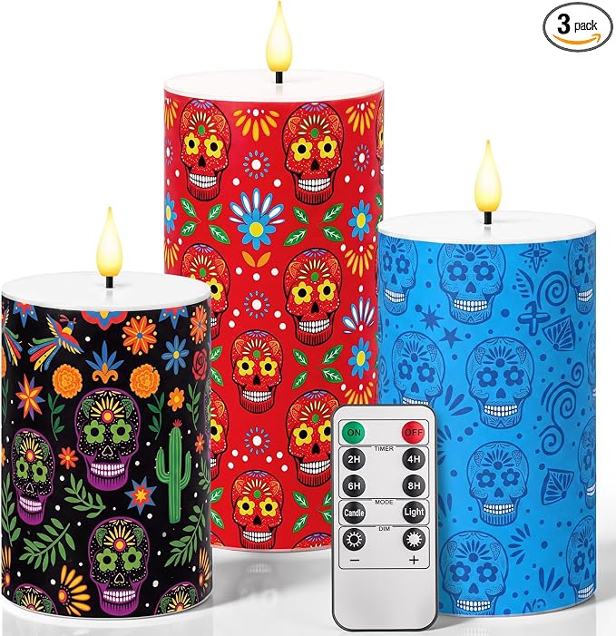 Retisee 3 Pack Skull Flameless LED Candles Remote Day of the Dead Decor - skull candle