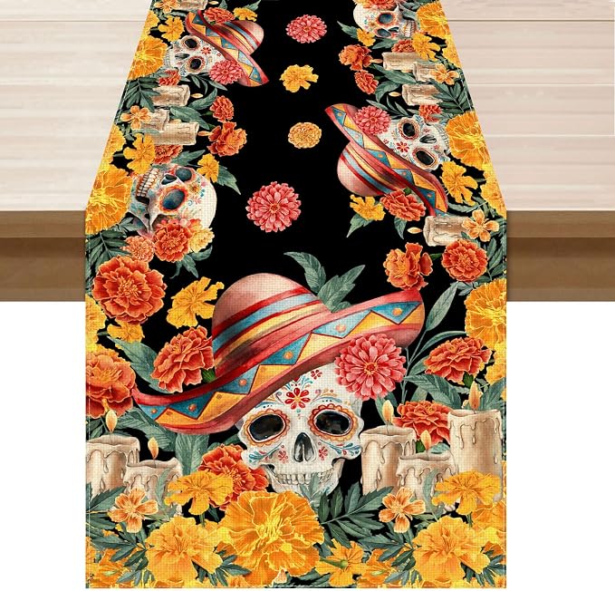 XCHI Day of The Dead Sugar Skull Table Runner for Table Decor 13x72 Inch - skull floor mat