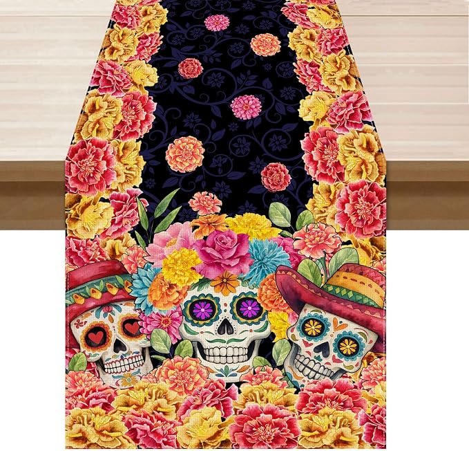 XCHI Day of The Dead Sugar Skull Table Runner for Table Decor 13x72 Inch - skull toilet rug