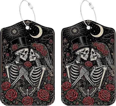 Gothic Skeleton Luggage Tags 2 Pack, PU Leather Privacy Cover - skull suitcase