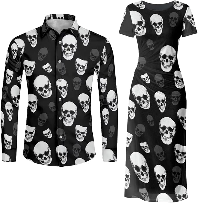 Couple Matching Clothes Vacation Tropical Sets Hawaiian Luau Outfit Dress Shirts for Men,Womens Bodycon Maxi Dress - sugar skull dress