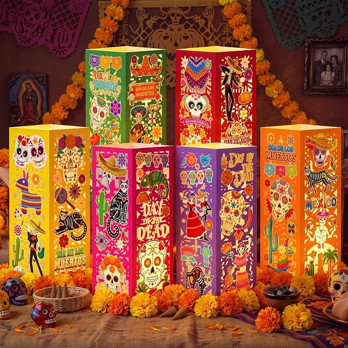 Glooglitter 12 Set Day of The Dead Lanterns LED Candles Centerpieces - skull candle