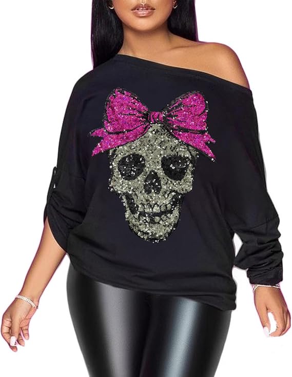PESION Womens Off The Shoulder Tops Sexy Shiny Metallic Shirts Long Sleeves Fashion Graphic T-Shirts Blouses - skull hoodie