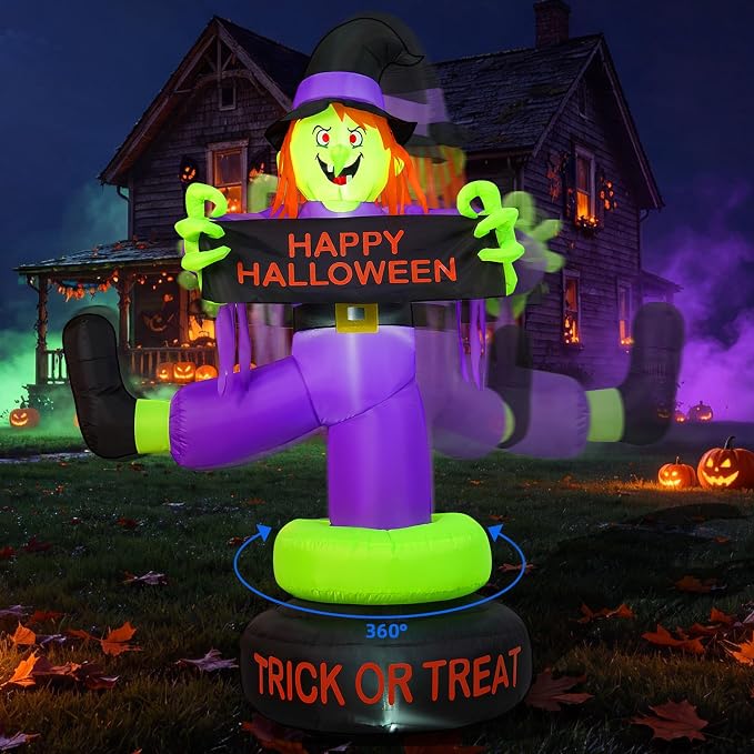 6FT Rotating Halloween Inflatables Outdoor Witch, 360° Swivel Base Lighted with Built-in LEDs, Holding Happy Halloween Sign, Waterproof & Windproof Decoration for Yard Garden Lawn - skull inflatable