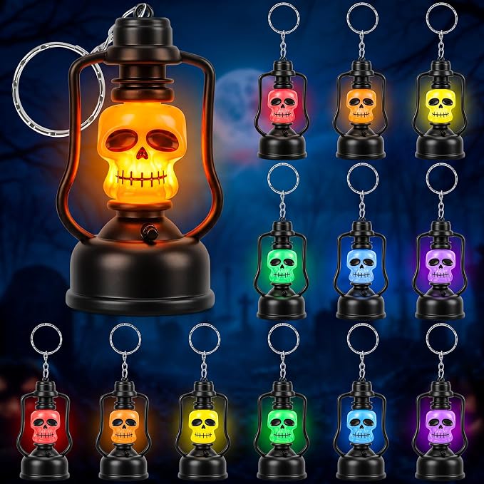 12 Pack Mini Halloween LED Skull Lantern Keychain, 3.1 Inch