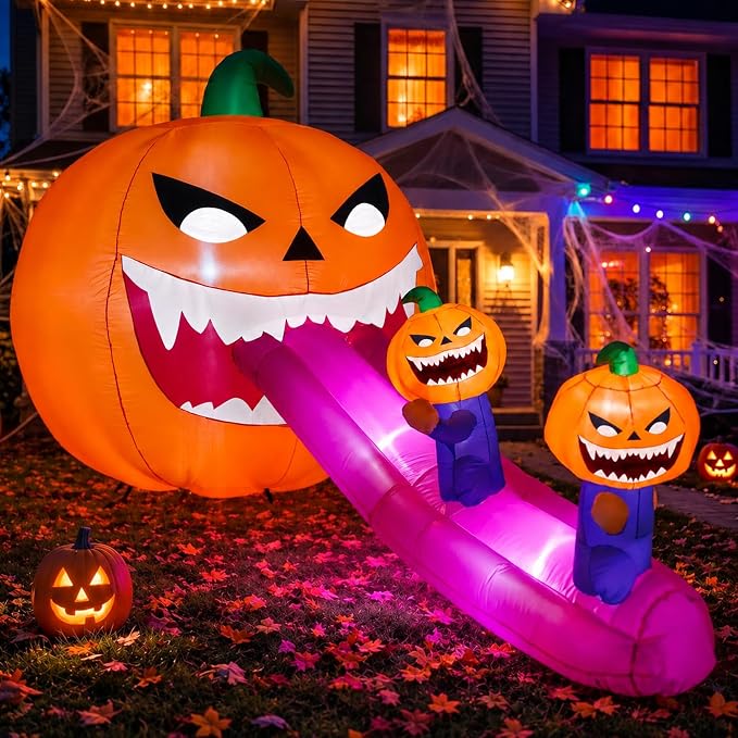 9FT Halloween Inflatables Pumpkin Outdoor Decorations, Blow Up Inflatable Giant Pumpkin Monster with Long Tongue and LEDs for Yard, Lawn, Garden, Porch and Party Deco - skull inflatable