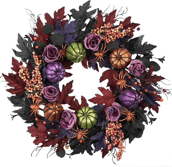 22" Halloween Wreath, Pumpkins Spiders Wreath for Front Door - skull wreath