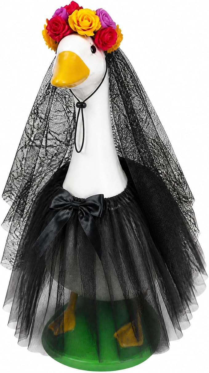 Halloween Porch Goose Outfit – 2 Pcs Witch Goose Outfit with Flower Crown Black Veil & Tutu Skirt, Day of the Dead Bride Halloween Goose Clothing Costume for 23 Inch Outdoor Lawn Goose Statue Decor - skull figurine