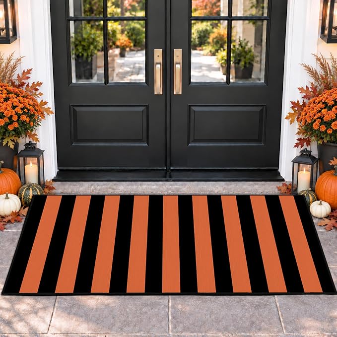 Orange Black Striped Door Mat 51.2 x 23.6 in, Halloween Porch Rug