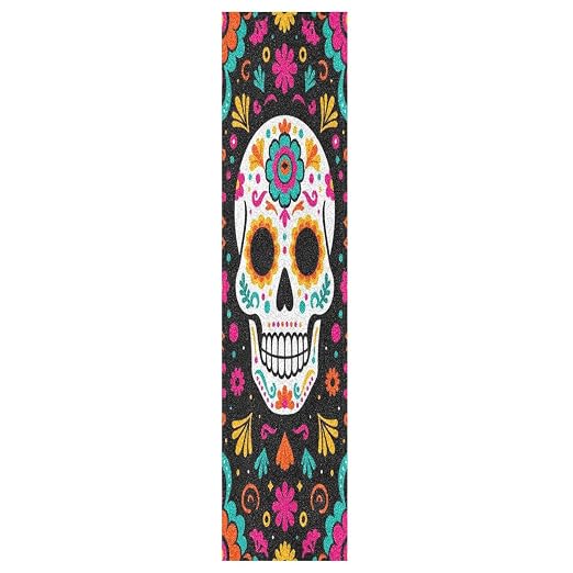 Sugar Skull Flowers Skateboard with Grip Tape Anti-Tearing Grip Tape for Scooter Anti-Tearing Cruiser Griptape, 44×10 Inch - skull sticker