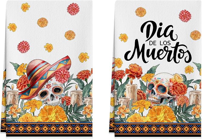 XCHI Day of The Dead Sugar Skull Dish Towels Set of 2 Home Decor 18x26 Inch - skull candle