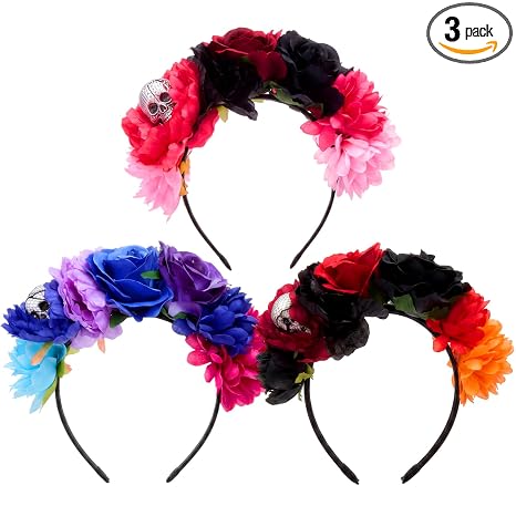 WILLBOND 3 Pcs Mexican Rose Flower Crown Headband, Skull, Spooky Colors - skull headband