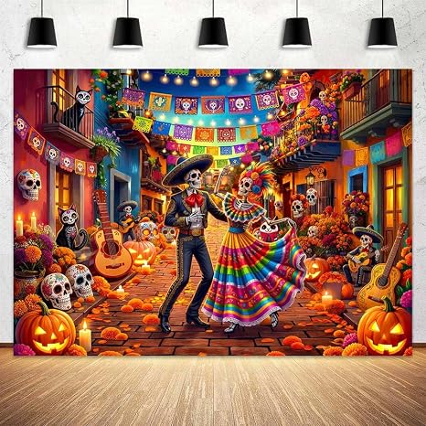 8x6ft, Day of the Dead Backdrop, Dia de Los Muertos Mexican Fiesta Party Decorations Banner with Sugar Skulls Marigolds, Day of the Dead Holiday Party Background Photo Banner Props - skull sticker