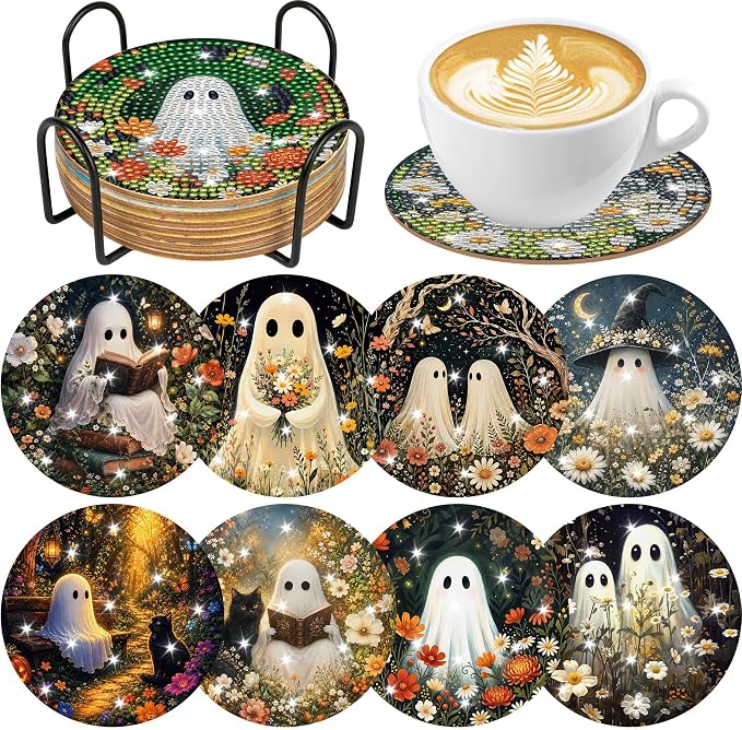 CRASHOT Halloween Floral Ghost Diamond Art Coasters Kit, 8 Pcs - skull coaster