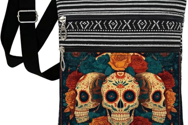 Mexican Sugar Skull Rose Print Crossbody Bag for Women Men Adjustable Strap Zipper Closure Dia De Los Muertos Sling Bag Birthday Holiday Present for Her Friend Sister