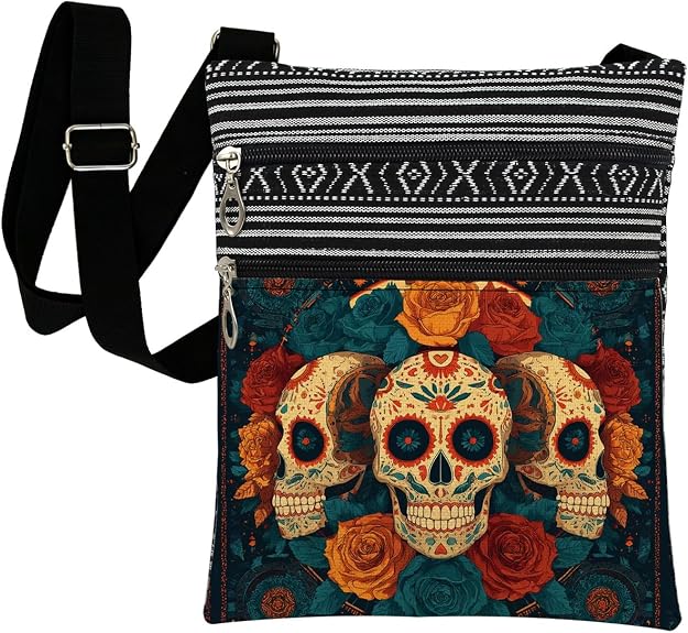 Mexican Sugar Skull Rose Print Crossbody Bag for Women Men Adjustable Strap Zipper Closure Dia De Los Muertos Sling Bag Birthday Holiday Present for Her Friend Sister
