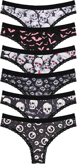 Morvia 6 Pack Women's Halloween Gothic Punk Skull Print Thongs, Low Rise Lace Trim Soft Y2K Panties Underwear - skull swimsuit