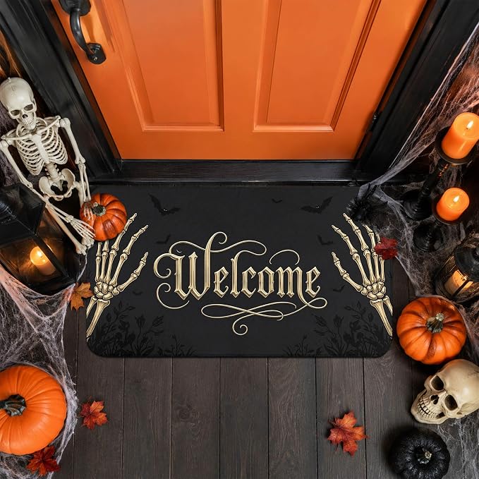 Halloween Welcome Doormat 30 X 17 Inch, Gothic Skeleton Hand Bat Black Gold Front Door Mat, Non Slip Spooky Indoor Outdoor Entryway Floor Rug for Home Decor - skull door mat
