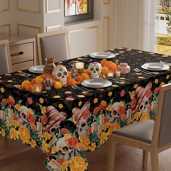 XCHI Day of The Dead Marigolds Rectangle Tablecloth Decorations 60x84 Inch - skull candle