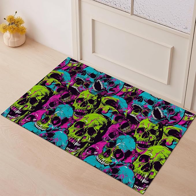 Neon Skull Indoor Door Mat 17x29.5 Inch, Anti Slip Low Profile Colorful Skeleton Pattern Decorative Doormat, Waterproof Non Woven Fabric Entryway Rug for Entrance Kitchen Gifts - skull toilet mat