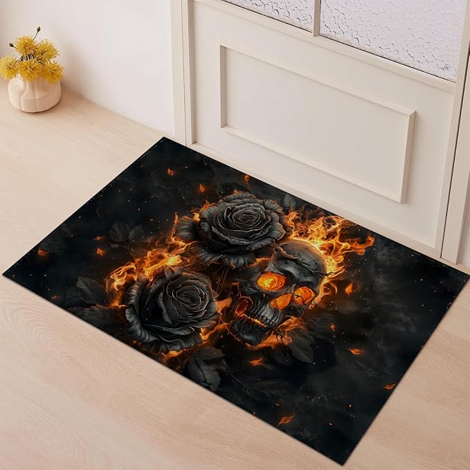 Gothic Skull Indoor Door Mat 17x29.5 Inch, Anti Slip Low Profile Flame Skeleton Rose Pattern Decorative Doormat, Waterproof Non Woven Fabric Entryway Rug for Entrance Kitchen Gifts - skull floor mat