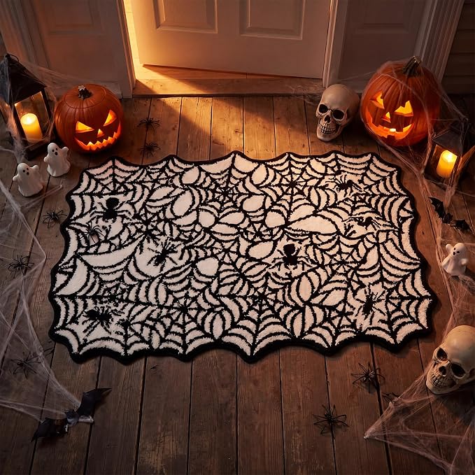HunnmingRe Large Halloween Rug 48 x 30 in Black Spider Web Door Mat