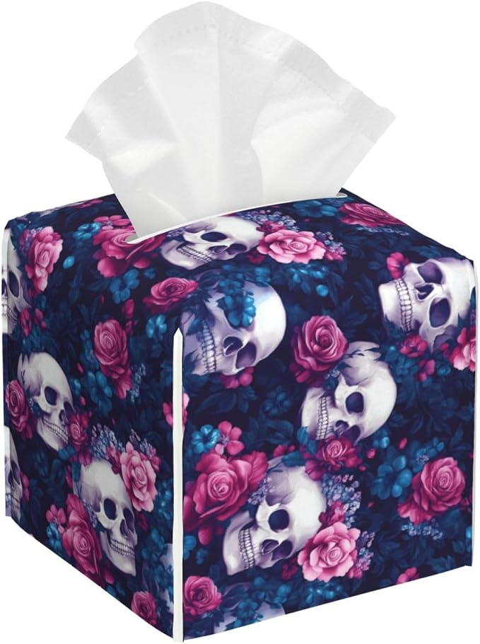 Rose Skull Print Tissue Box Cover Square Modern Decorative Tissue Box Holder, Cute Leather Box Cover Car Tissue Holder for Bathroom, Night Stands, Desk, Office Decor - skull toilet paper