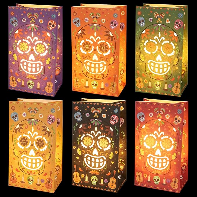 30 Pcs Dia De Los Muertos Decorations Flame Resistant Calavera Luminary Bag