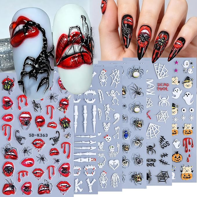 Halloween Skeleton Nail Art Stickers 6 Sheets 5D Embossed Self-Adhesive Nail Stickers Bone Lip Spider Pumpkin Ghost Decals Gothic Horror Designs Manicure Decor Acrylic Nail Art Supplies - skull sticker