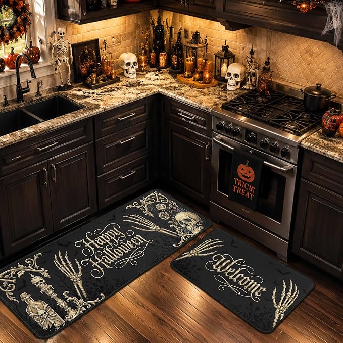 Happy Halloween Kitchen Rugs Set of 2, Gothic Skeleton Hand Skull Welcome Doormat, Non Slip Spooky Black Gold Floor Mats for Kitchen Floor Entryway Decor 17"x47"+17"x30" - skull floor mat
