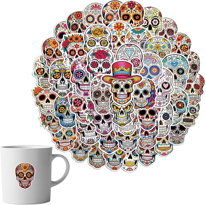 50 Pack Day of the Dead Stickers, Waterproof Dia de Los Muertos Stickers, Self-Adhesive Sugar Skull Catrina Stickers for Water Bottles, Scrapbook, Skateboard, Laptops, Journals - skull sticker