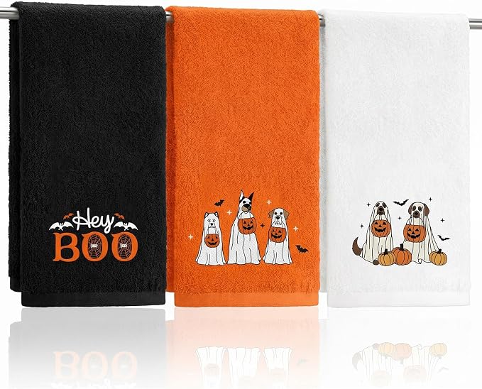 Halloween Hand Towels for Bathroom, 3PCS Ghost Dogs Embroidered Halloween Kitchen Towels, Funny Dish Tea Towel for Drying Cleaning Cooking Gift(16 X 24 Inches) - skull toilet paper