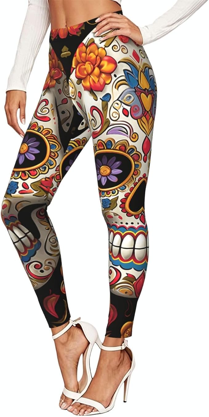 Sugar Skulls Leggings for Women High Waisted Soft Yoga Pants Tummy Control Workout Running Yoga Leggings - skull leggings