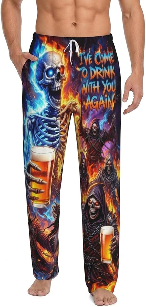 Men's Funny Pajamas Pants Lightweight Lounge Pant Straight-Fit with Pockets - skull pajamas