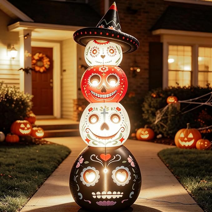 7 FT Halloween Inflatables Outdoor Decorations, Day of the Dead Sugar Skull Stacked Pumpkins Blow Up Yard Decor with 4 LED Lights, Giant Día de Los Muertos Lawn Garden Party Decor - skull inflatable