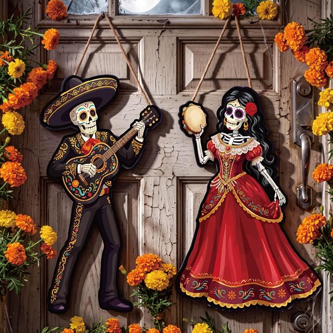 Yalikop 2 Pcs Dia De Muertos Decorations Day of the Dead Porch Decor - sugar skull ornament