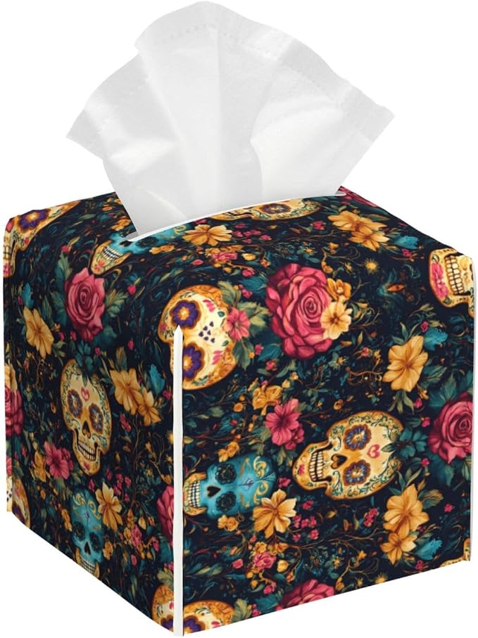 Classic Flower Skull Print Tissue Box Cover Square Modern Decorative Tissue Box Holder, Cute Leather Box Cover Car Tissue Holder for Bathroom, Night Stands, Desk, Office Decor - skull toilet paper