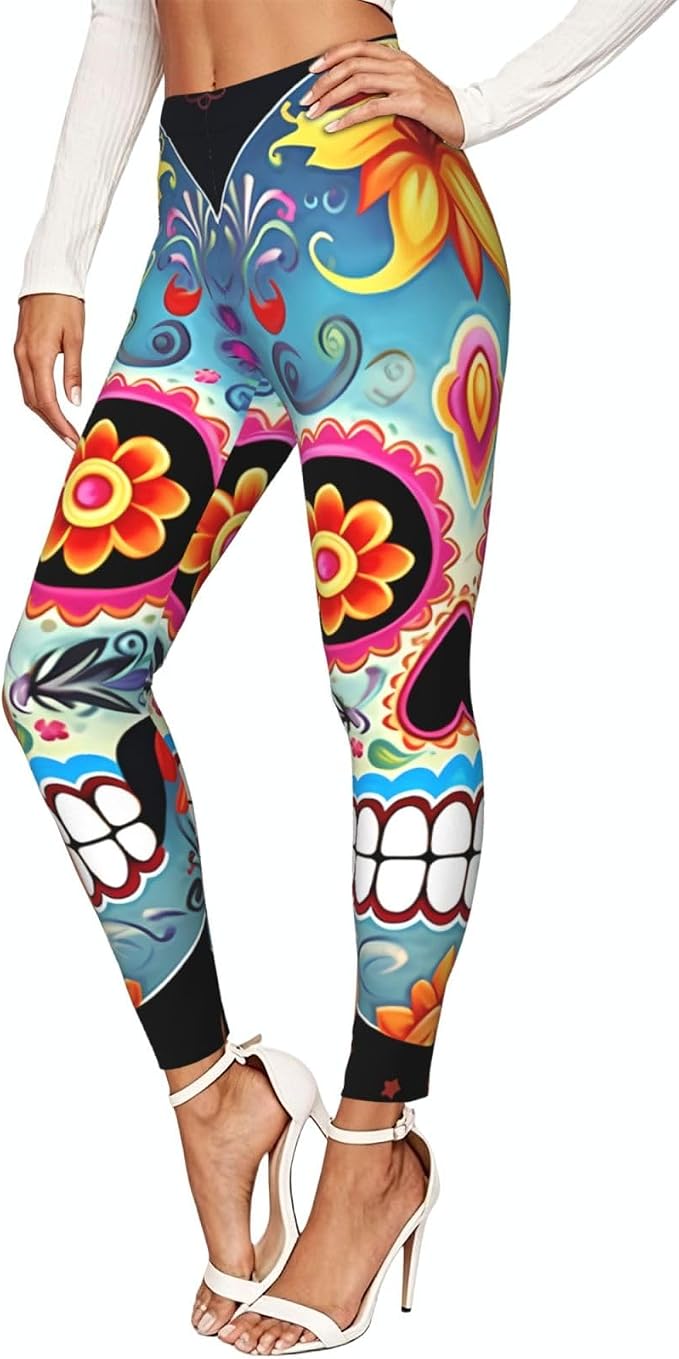 Sugar Skulls Leggings for Women High Waisted Soft Yoga Pants Tummy Control Workout Running Yoga Leggings - skull leggings