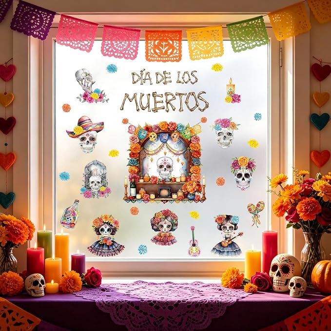 IARTTOP Day of the Dead Wall Decals Día De Los Muertos Window Stickers - skull candle
